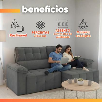 Imagem de Sofá Retrátil e Reclinável 3 Lugares 2,20m Veludo Santorini Cinza Luizzi