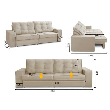 Imagem de Sofá Retrátil e Reclinável 3 lugares 2,30m com Molas Marcela Suede Bege Adonai Estofados