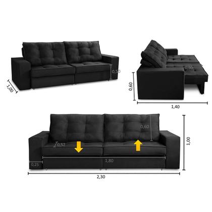 Imagem de Sofá Retrátil e Reclinável 3 lugares 2,30m com Molas Melissa Suede Preto Rover & Beato