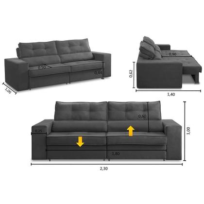 Imagem de Sofá Retrátil e Reclinável 3 lugares 2,30m com Molas Mirela Suede Cinza Adonai Estofados