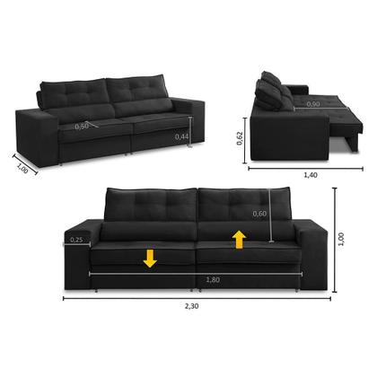 Imagem de Sofá Retrátil e Reclinável 3 lugares 2,30m com Molas Mirela Suede Preto Adonai Estofados