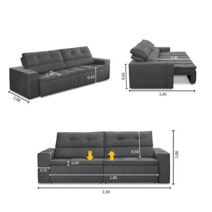Sofá Retrátil e Reclinável 3 lugares 2,30m com Molas Stella Suede Cinza Adonai Estofados Imagem de Sofá Retrátil e Reclinável 3 lugares 2,30m com Molas Stella Suede Cinza Adonai Estofados