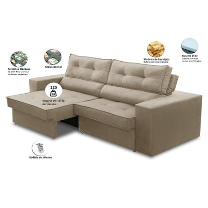 Imagem de Sofá Retrátil e Reclinável 3 lugares 2,50m com Molas Mirela Suede Bege Adonai Estofados