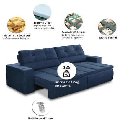 Imagem de Sofá Retrátil e Reclinável 3 lugares 2,50m com Molas Stella Suede Azul Adonai Estofados
