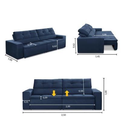 Imagem de Sofá Retrátil e Reclinável 3 lugares 2,50m com Molas Stella Suede Azul Adonai Estofados
