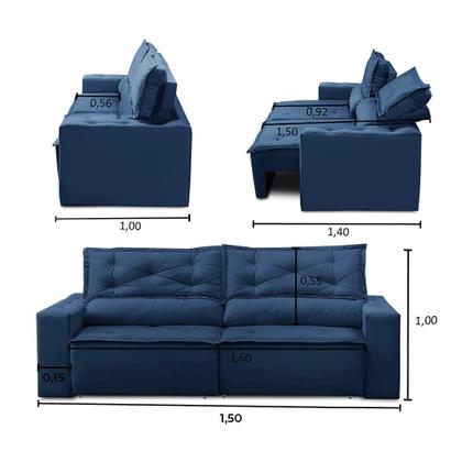 Sofá Retrátil e Reclinável 3 lugares com Molas 1,50m Laura Suede Azul Madelina - Madelina Decor Imagem de Sofá Retrátil e Reclinável 3 lugares com Molas 1,50m Laura Suede Azul Madelina