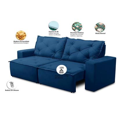 Imagem de Sofá Retrátil e Reclinável 3 lugares com Molas 1,80m Ana Suede Azul Adonai Estofados