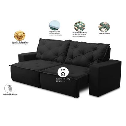 Imagem de Sofá Retrátil e Reclinável 3 lugares com Molas 2,00m Alana Suede Preto Madelina