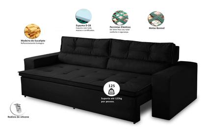 Imagem de Sofá Retrátil e Reclinável 3 lugares com Molas 2,00m Vegas Suede Preto Adonai Estofados