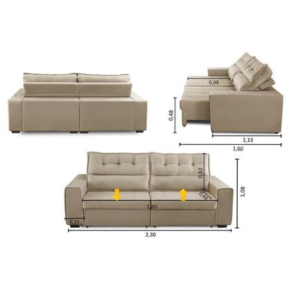 Imagem de Sofá Retrátil e Reclinável 3 Lugares com Molas 2,30m Dani Suede Bege Adonai Estofados