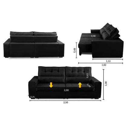 Imagem de Sofá Retrátil e Reclinável 3 Lugares com Molas 2,70m Julia Suede Preto Madelina Decor