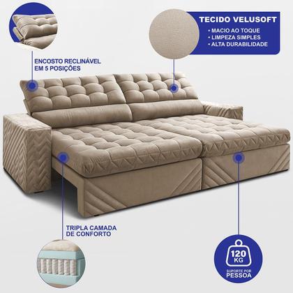 Imagem de Sofá Retrátil e Reclinável 3,00m Molas Ensacadas Max Spring. Velusoft Cama inBox