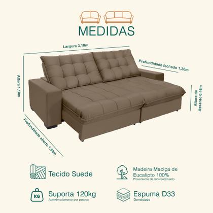 Imagem de Sofá Retrátil E Reclinável 3,10m Suede Califórnia Marrom Castor