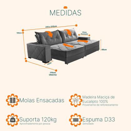 Imagem de Sofá Retrátil e Reclinável 3,10m Suede Hollywood Cinza