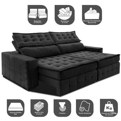 Imagem de Sofá Retrátil e Reclinável 3,15m Cama inBox Big Puffer com SoftGelD40 Velupluma Preto