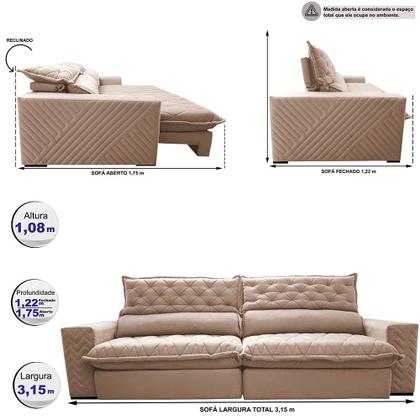 Imagem de Sofá Retrátil e Reclinável 3,15m Molas Ensacadas Cama inBox Spazus com Bordado 3D Velusoft Bege
