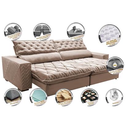 Imagem de Sofá Retrátil e Reclinável 3,15m Molas Ensacadas Cama inBox Spazus com Bordado 3D Velusoft Bege