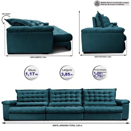 Imagem de Sofá Retrátil e Reclinável 3,85m Molas Ensacadas Cama inBox Big Space com Bordado 3D Velusoft Petróleo