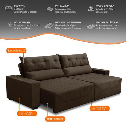 Imagem de Sofá Retrátil e Reclinável 5 Lugares 3,00m Antonella Veludo Marrom Adonai Estofados