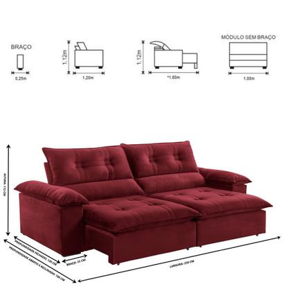 Imagem de Sofá Retrátil e Reclinável Atenas 2,50m 04 Lugares Mola Ensacada TXR