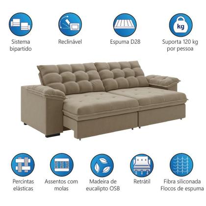 Imagem de Sofá Retrátil E Reclinável Bipartido 2,30m 3 Lugares Palermo Slim Luizzi Castor