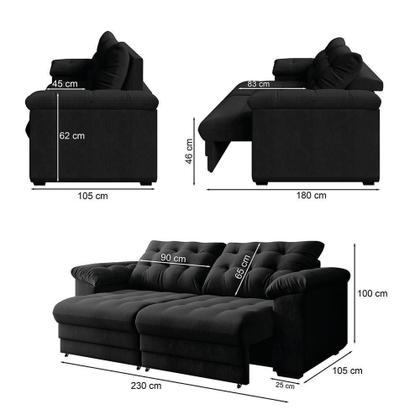 Imagem de Sofá Retrátil E Reclinável Bipartido 3 Lugares Suede Veludo Coliseu Selmer Preto