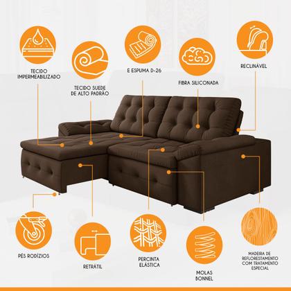 Imagem de Sofá Retrátil Impermeável 4 Lugares Reclinável New Queen 230 Cm Suede Marrom - SóSofá