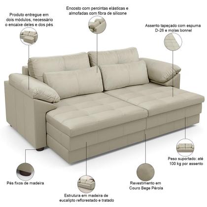 Imagem de Sofá Retrátil Para Sala de Estar 3 Lugares 215cm Riza S03 Couro Bege Pérola - Lyam Decor
