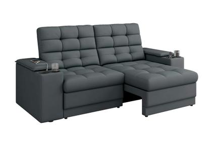 Imagem de Sofá Retrátil Reclinável 205cm 3 Lugares com USB e Porta Copo Kansas Cinza