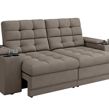 Imagem de Sofá Retrátil Reclinável 205cm 3 Lugares com USB e Porta Copo Kansas Laranja Capuccino