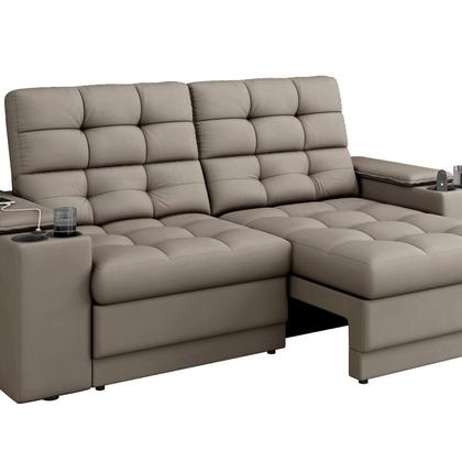 Imagem de Sofá Retrátil Reclinável 205cm 3 Lugares com USB e Porta Copo Kansas Laranja Capuccino