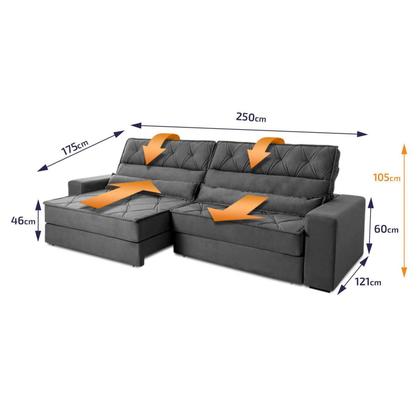 Imagem de Sofá Retrátil Reclinável 2,50m Albany Suede Velut Cinza Molas Ensacadas - King House