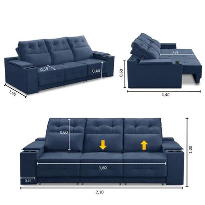 Sofá Retrátil Reclinável 3 lugares 2,10m com Porta Copos e USB Hannah Suede Azul Adonai Estofados Imagem de Sofá Retrátil Reclinável 3 lugares 2,10m com Porta Copos e USB Hannah Suede Azul Adonai Estofados