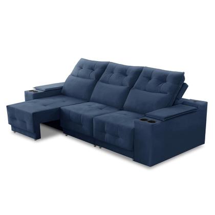 Sofá Retrátil Reclinável 3 lugares 2,10m com Porta Copos e USB Hannah Suede Azul Adonai Estofados Imagem de Sofá Retrátil Reclinável 3 lugares 2,10m com Porta Copos e USB Hannah Suede Azul Adonai Estofados
