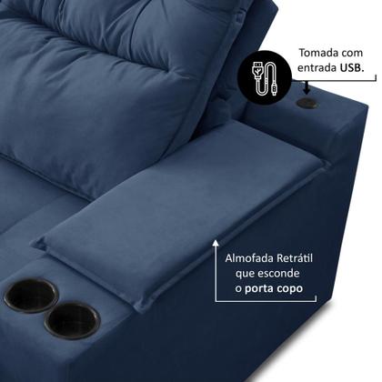 Sofá Retrátil Reclinável 3 lugares 2,10m com Porta Copos e USB Hannah Suede Azul Adonai Estofados Imagem de Sofá Retrátil Reclinável 3 lugares 2,10m com Porta Copos e USB Hannah Suede Azul Adonai Estofados