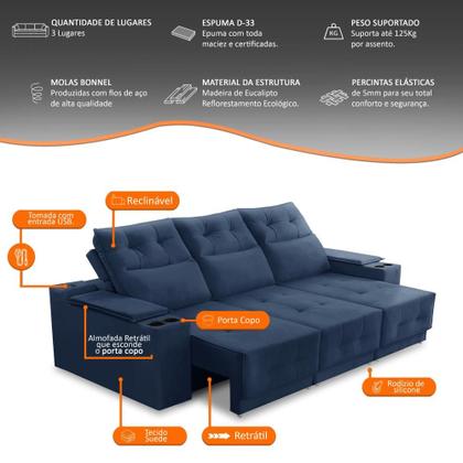 Sofá Retrátil Reclinável 3 lugares 2,10m com Porta Copos e USB Hannah Suede Azul Adonai Estofados Imagem de Sofá Retrátil Reclinável 3 lugares 2,10m com Porta Copos e USB Hannah Suede Azul Adonai Estofados