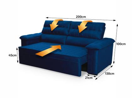 Sofá Retrátil Reclinável 3 lugares com molas 2,00m Quantum Suede Velut Azul - King House Imagem de Sofá Retrátil Reclinável 3 lugares com molas 2,00m Quantum Suede Velut Azul - King House