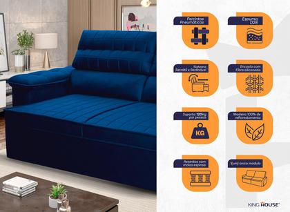 Sofá Retrátil Reclinável 3 lugares com molas 2,00m Quantum Suede Velut Azul - King House Imagem de Sofá Retrátil Reclinável 3 lugares com molas 2,00m Quantum Suede Velut Azul - King House