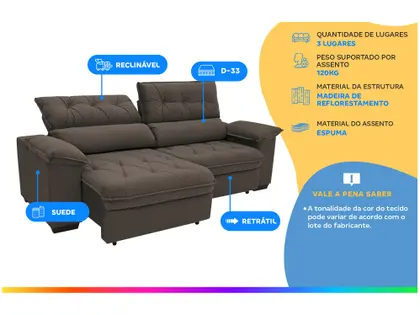 Imagem de Sofá Retrátil Reclinável 3 Lugares Suede Hannover Linoforte