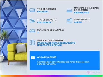 Sofá Retrátil Reclinável 3 Lugares Suede Moviment Artesano Linoforte Imagem de Sofá Retrátil Reclinável 3 Lugares Suede Moviment Artesano Linoforte