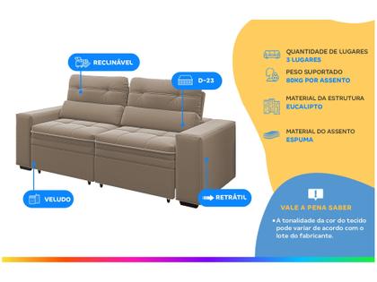 Imagem de Sofá Retrátil Reclinável 3 Lugares Veludo com Baú