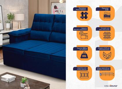 Sofá Retrátil Reclinável 4 lugares com molas 2,30m Quantum Suede Velut Azul - King House Imagem de Sofá Retrátil Reclinável 4 lugares com molas 2,30m Quantum Suede Velut Azul - King House