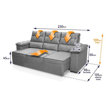 Imagem de Sofá Retrátil Reclinável 4 lugares com molas 2,30m Quantum Suede Velut Cinza - King House