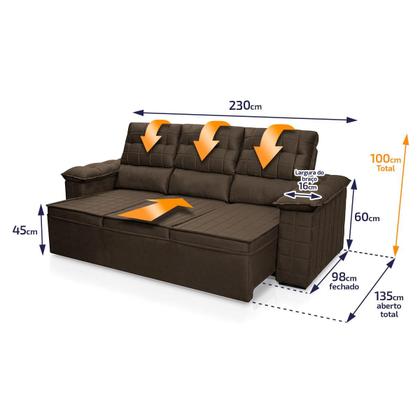 Imagem de Sofá Retrátil Reclinável 4 lugares com molas 2,30m Quantum Suede Velut Marrom - King House