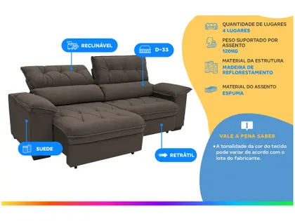 Imagem de Sofá Retrátil Reclinável 4 Lugares Suede Hannover