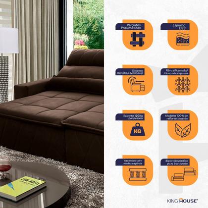 Imagem de Sofá Retrátil/Reclinável Amsterdam 2,10m Suede Velut Marrom c/ Molas no Assento - King House