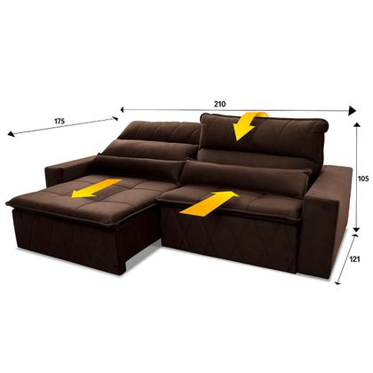 Imagem de Sofá Retrátil/Reclinável Amsterdam 2,10m Suede Velut Marrom c/ Molas no Assento - King House