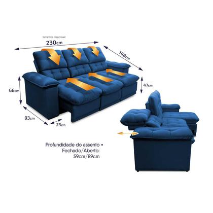Sofá Retrátil Reclinável Atenas 2,30m Suede Velut Azul Marinho c/ Molas no Assento - King House Imagem de Sofá Retrátil Reclinável Atenas 2,30m Suede Velut Azul Marinho c/ Molas no Assento - King House