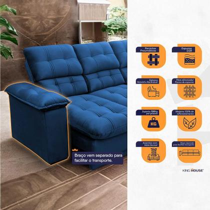 Sofá Retrátil Reclinável Atenas 2,30m Suede Velut Azul Marinho c/ Molas no Assento - King House Imagem de Sofá Retrátil Reclinável Atenas 2,30m Suede Velut Azul Marinho c/ Molas no Assento - King House