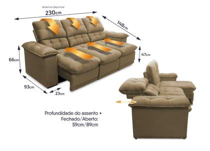 Sofá Retrátil Reclinável Atenas 2,30m Suede Velut Bege c/ Molas no Assento - King House Imagem de Sofá Retrátil Reclinável Atenas 2,30m Suede Velut Bege c/ Molas no Assento - King House
